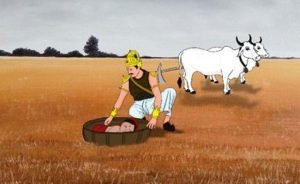 Janak ploughs in the field and finds a beby girl called Sita