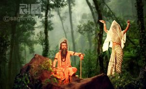 Vishwamitra is meditating and Menaka is trying to intrude him with her danceo 