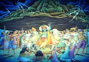 krishna lifts Govardhan mountain to protect the villgers 